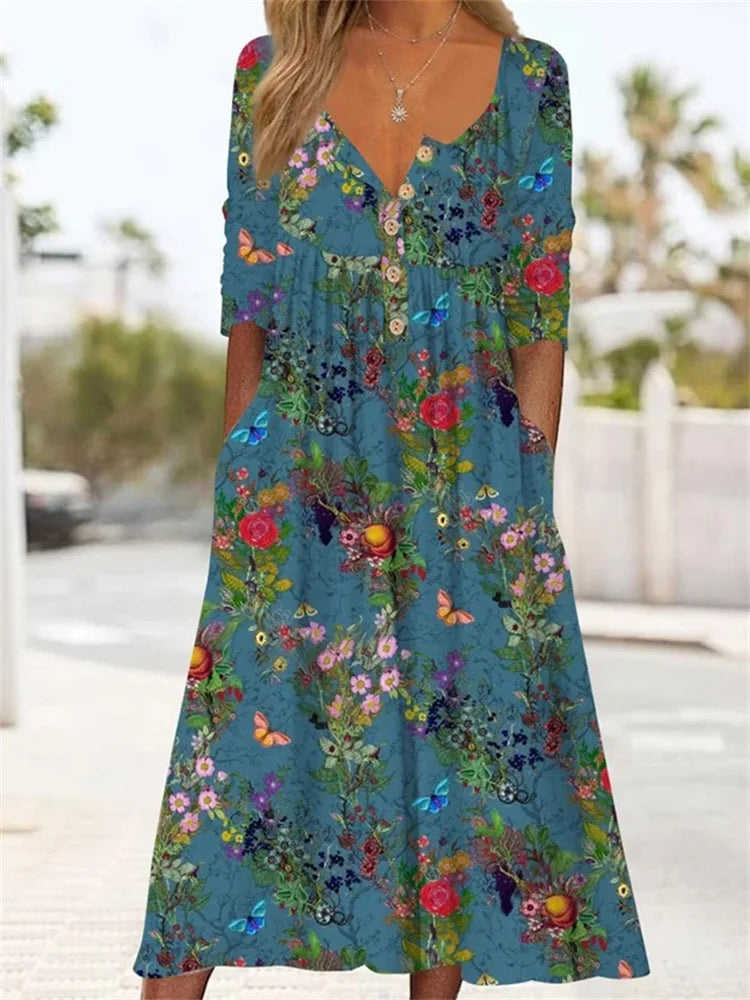 Cassandra | Butterfly Floral Artistic Pleated Button Dress