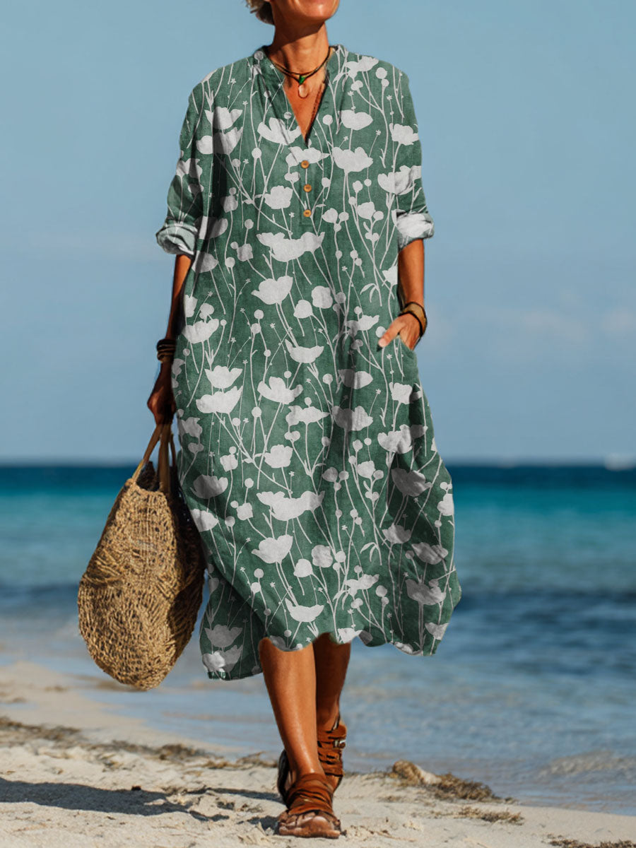 Ruby | Women's Vintage Floral Pattern Art Printed Pocket Shirt Dress