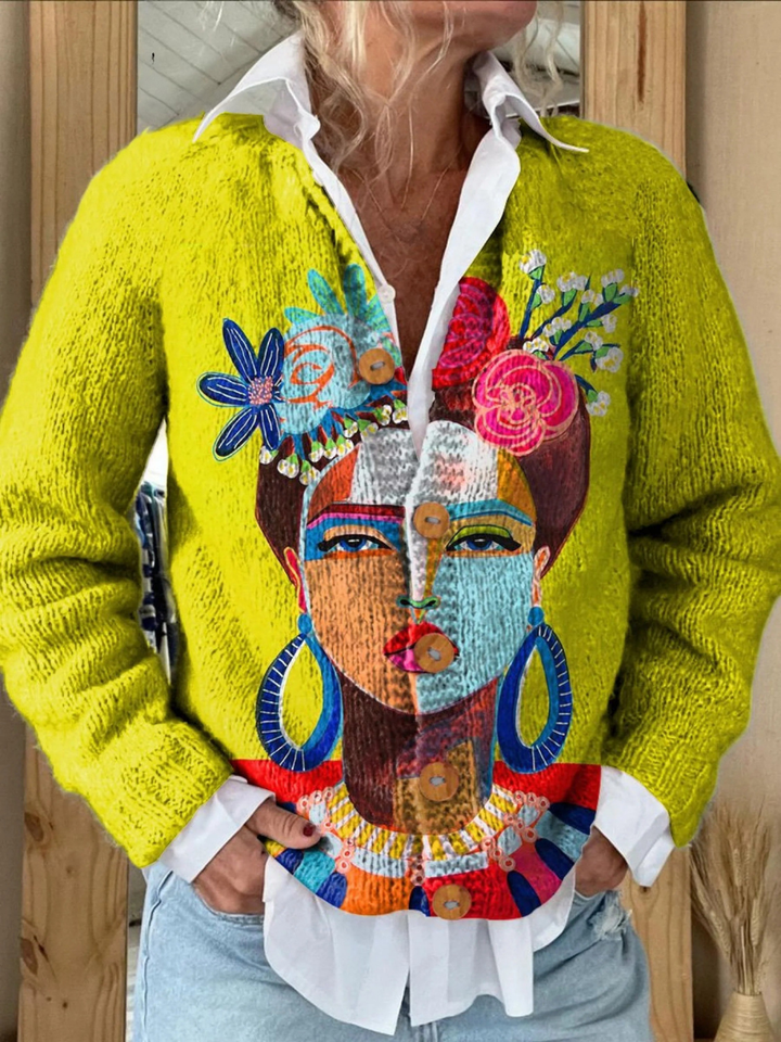Brooke | Oil Painting Freda Portrait Art Printed Buttoned Cardigan Sweater
