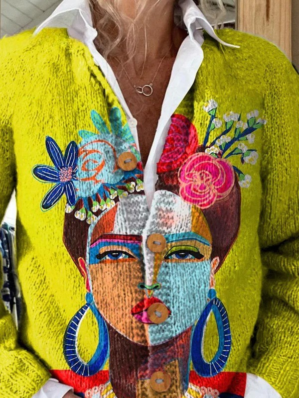 Brooke | Oil Painting Freda Portrait Art Printed Buttoned Cardigan Sweater