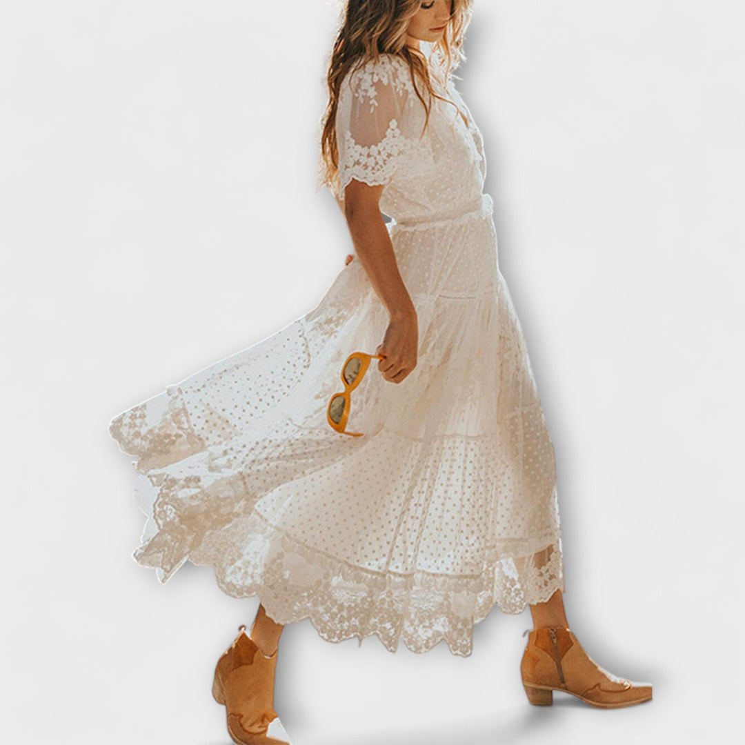 Lace Midi Dress with V-Neck and Short Sleeves