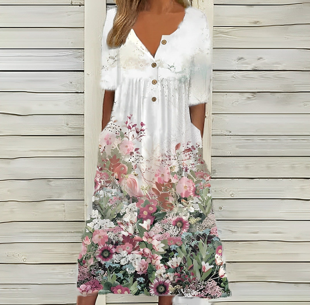 Georgina | Pink Floral Art Button-Pocket Midi Dress