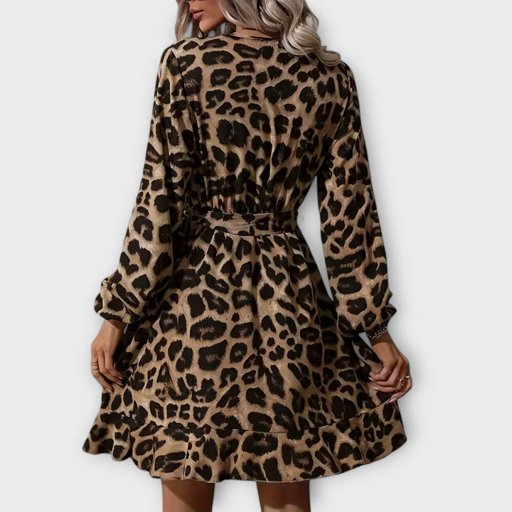 Stylish leopard print dress with V-neck and tie belt