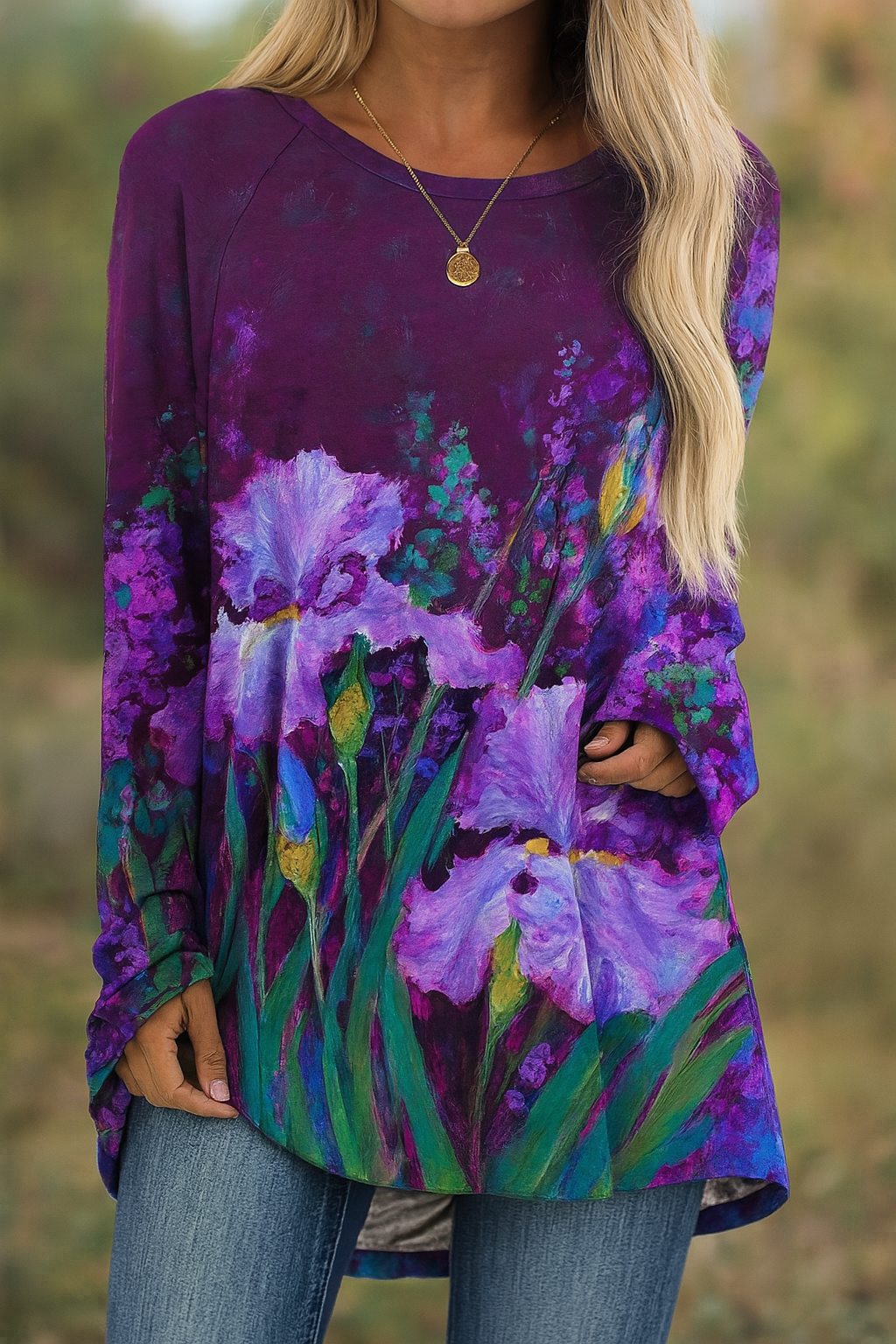 Grace | Long-Sleeve T-Shirt with Purple Iris Art