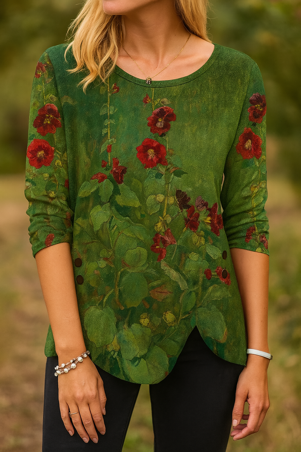 Isabella | Hollyhocks Art Print T-Shirt with Split and Button Closure