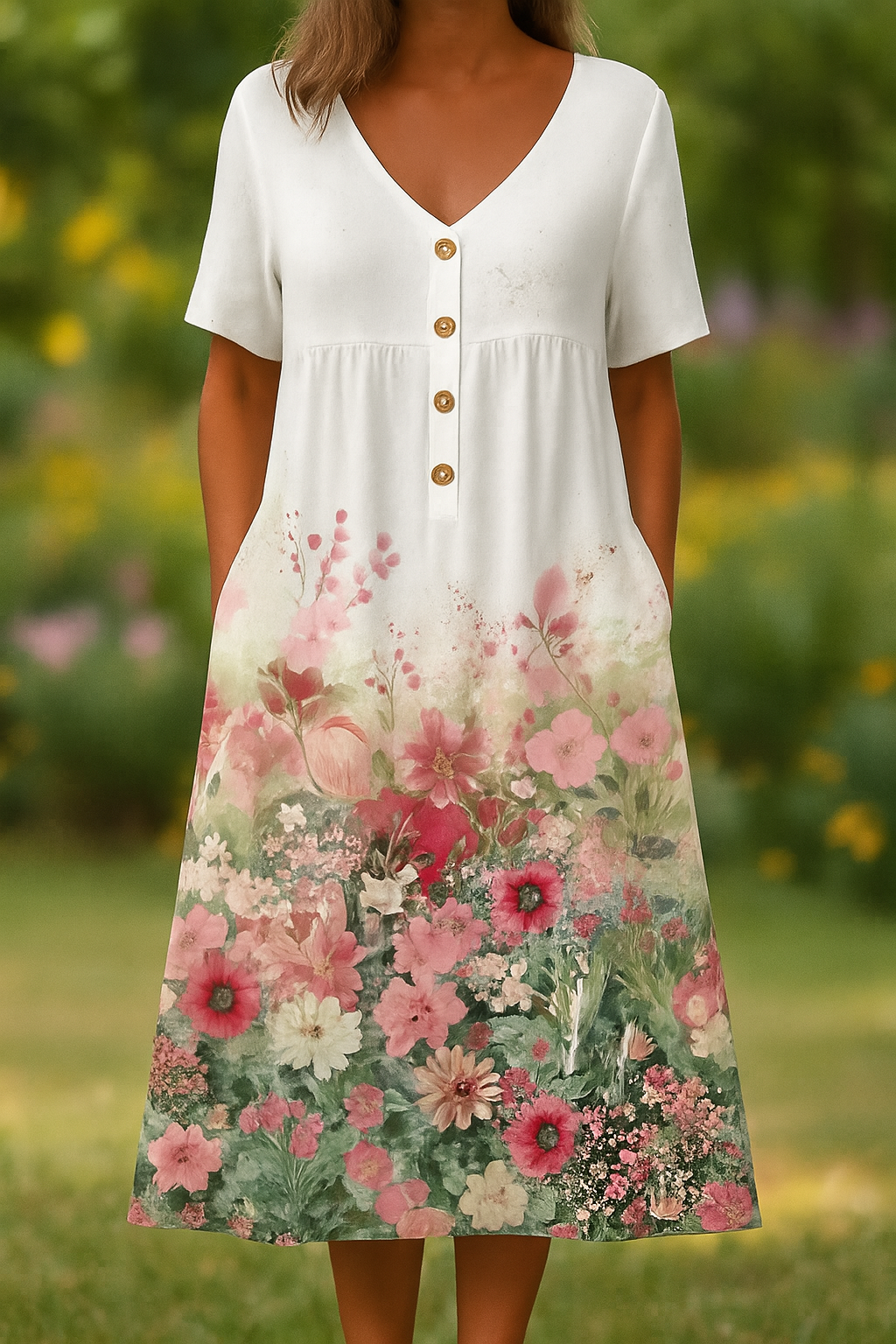 Madison | Pink Floral Art Button-Pocket Midi Dress