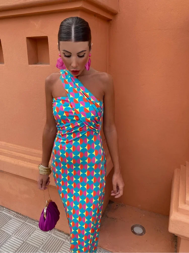 Irmgardi - Midi Dress with Asymmetric Shoulders