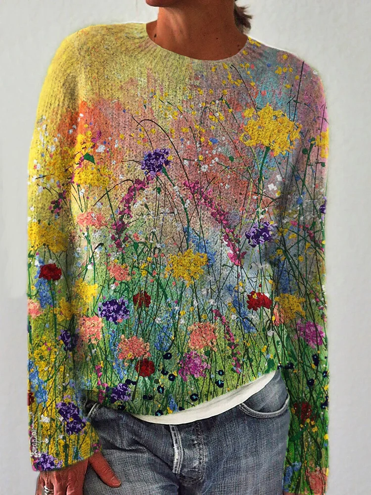 Julia | Cozy Sweater with Floral Oil Painting Artwork