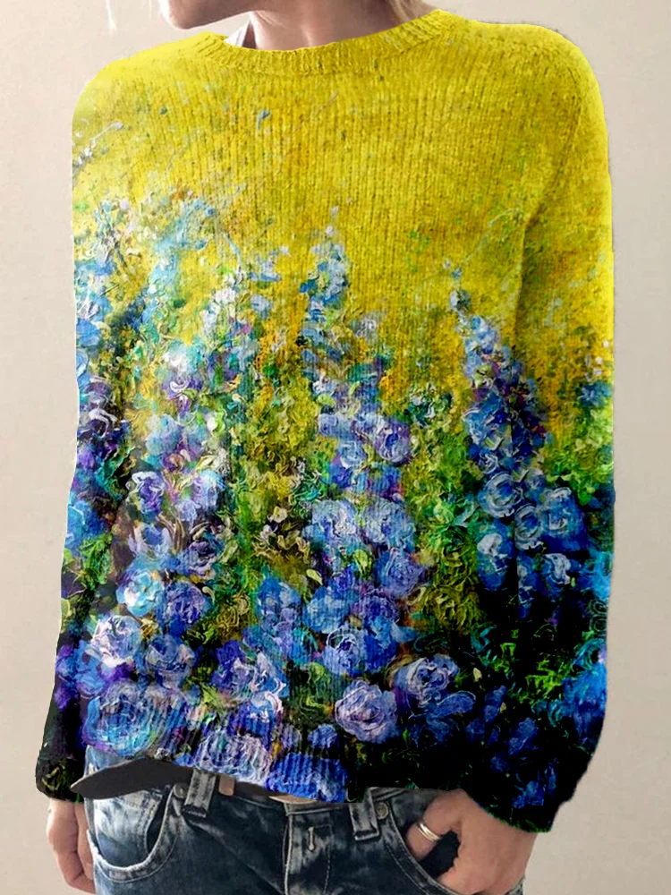 Rachel | Round Neck Sweater – Abstract Floral Art Design