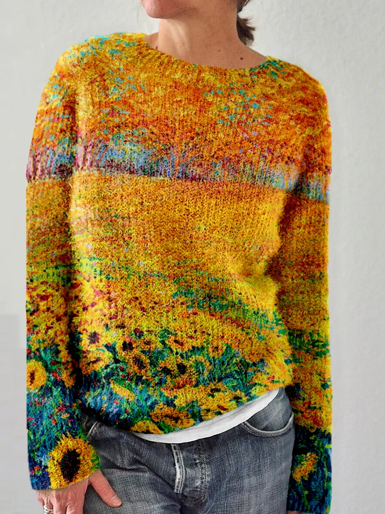 Audrey | Comfortable Casual Sweater with Artistic Sunflower Print