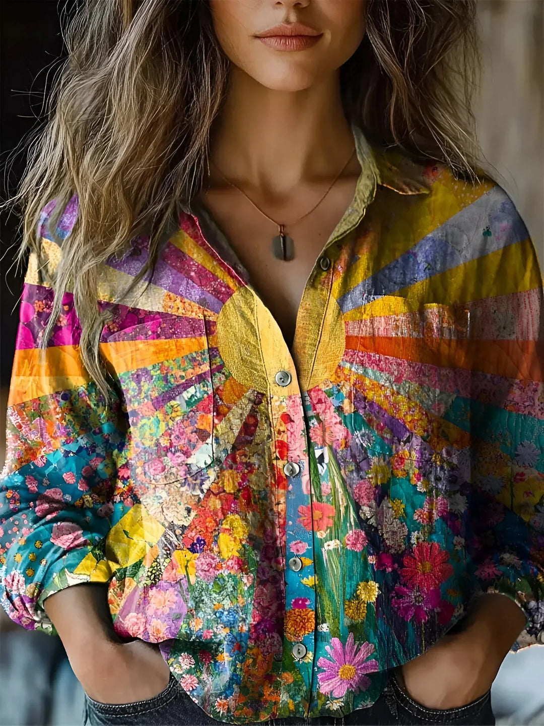 Stella | Elegant Sun and Flower Pattern Blouse for a Radiant Style