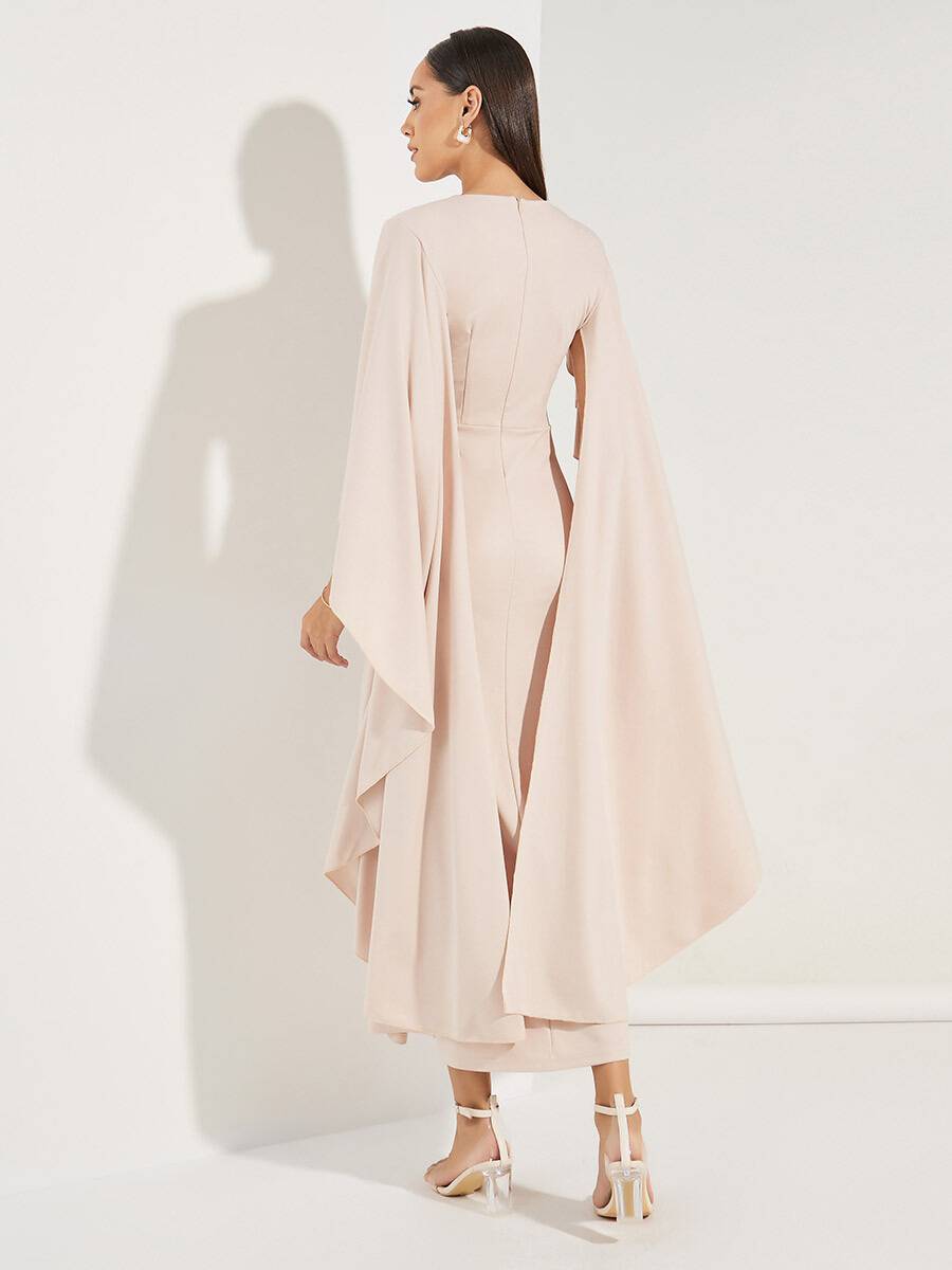 Rachel - Light Pink Midi Dress with V-Neckline and Chiffon Sleeves