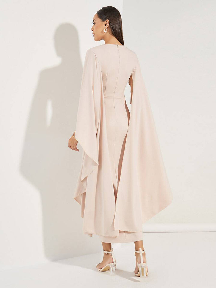 Rachel - Light Pink Midi Dress with V-Neckline and Chiffon Sleeves