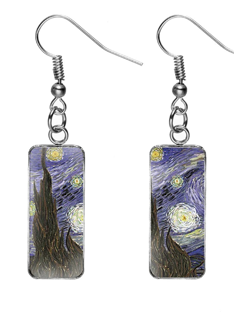 Madeline | Rectangular Earrings with Oil Painting Design