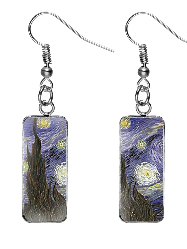 Madeline | Rectangular Earrings with Oil Painting Design
