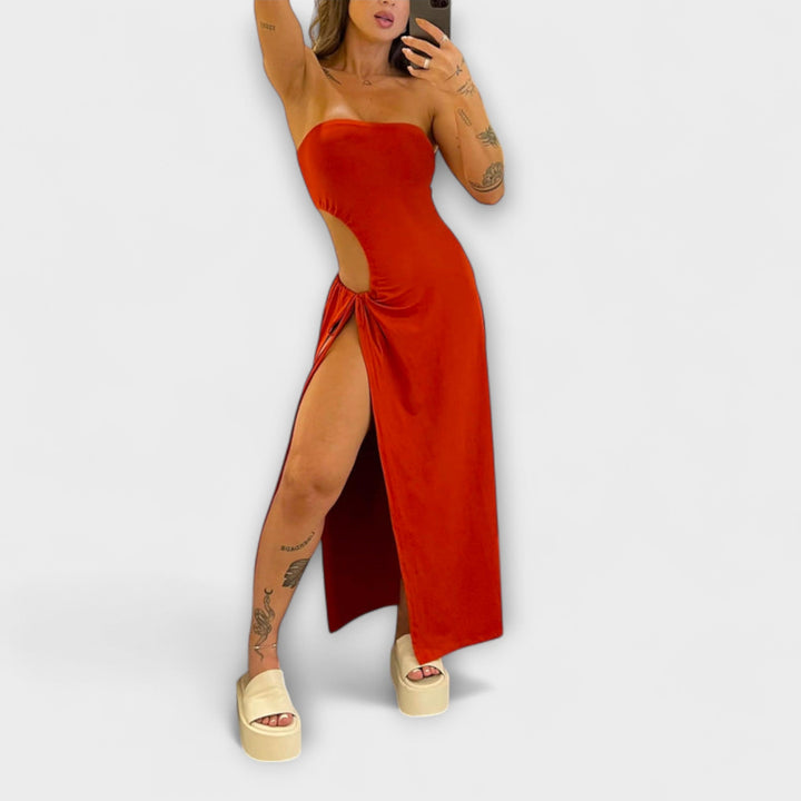 Winona - Bandeau Tie Bodysuit Dress with Side Slits