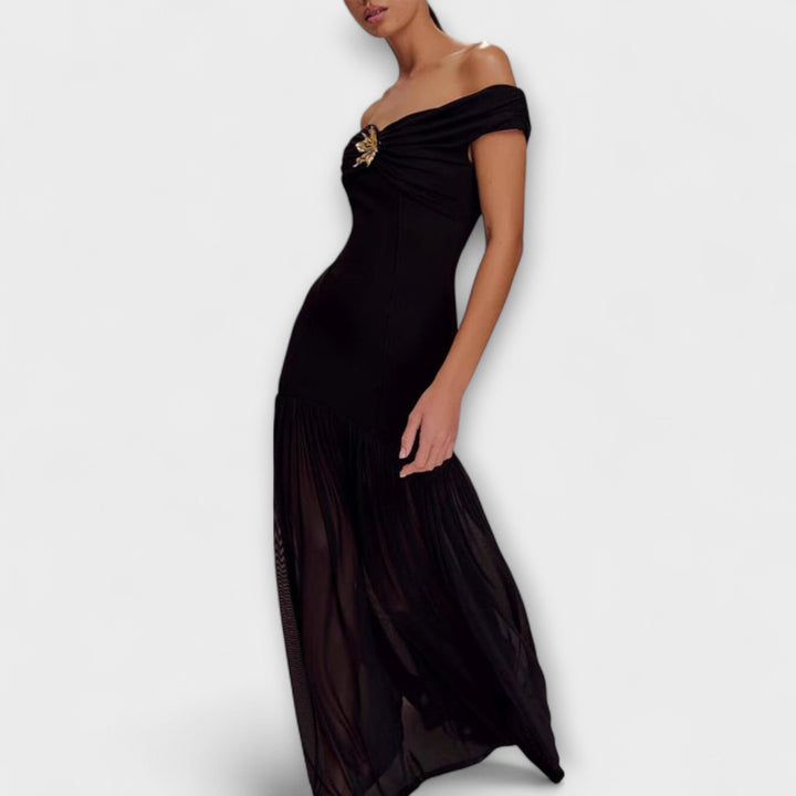 Maelie - Stylish strapless bodycon maxi dress with floral embellishments