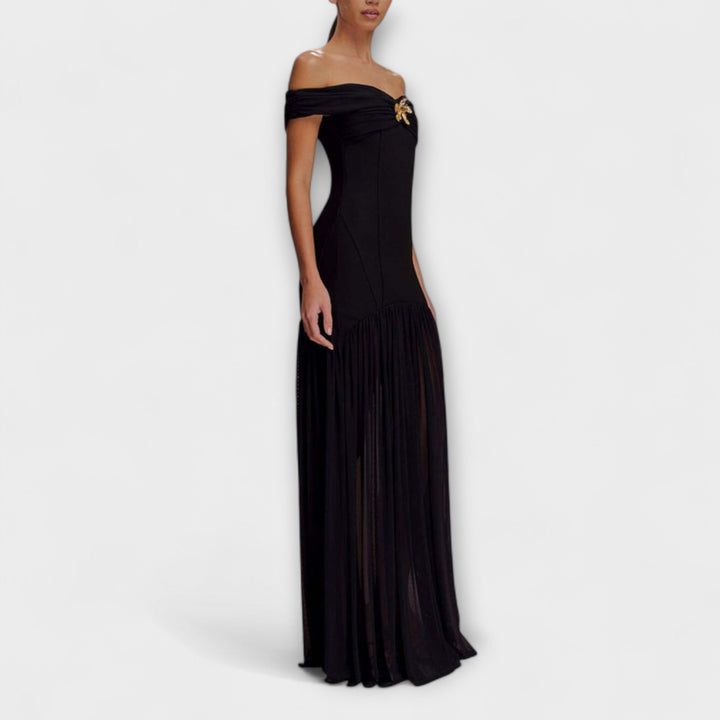 Maelie - Stylish strapless bodycon maxi dress with floral embellishments