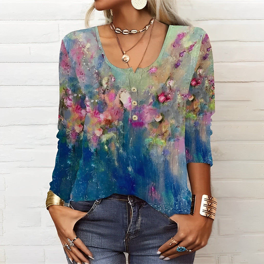 Evelina | Round Neck Floral Pattern Long-Sleeve Casual T-Shirt