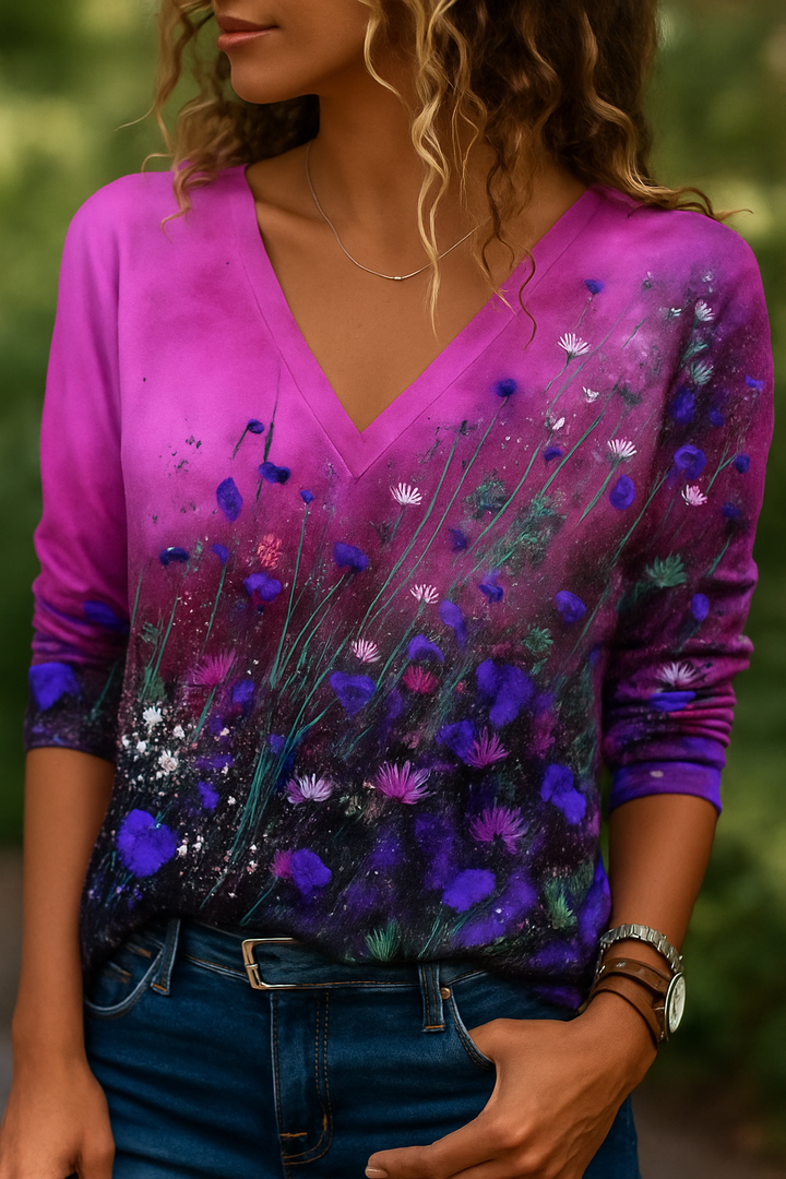 Amelia | Floral Painting T-Shirt with Collar Detail