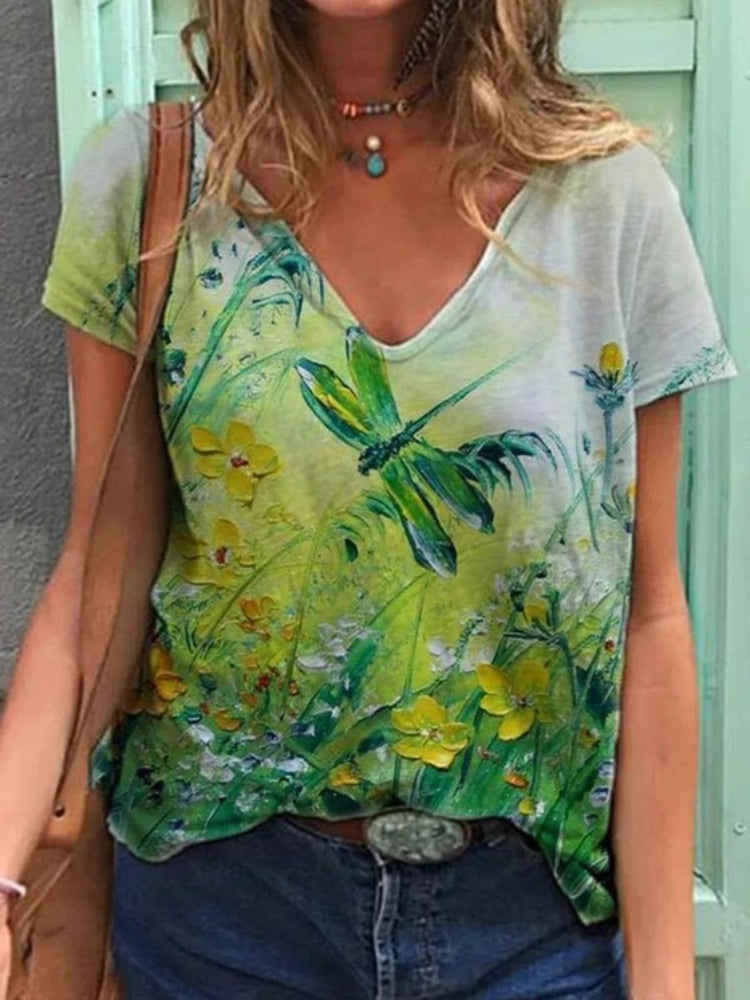 Emmeline | Floral Art Reproduction V-Neck T-Shirt