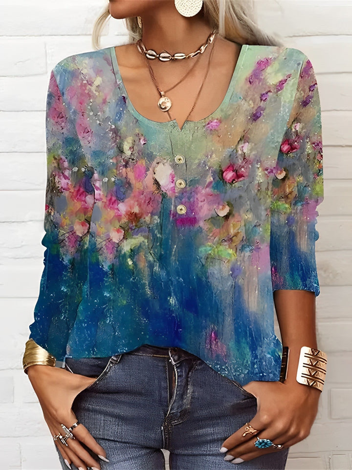 Evelina | Round Neck Floral Pattern Long-Sleeve Casual T-Shirt