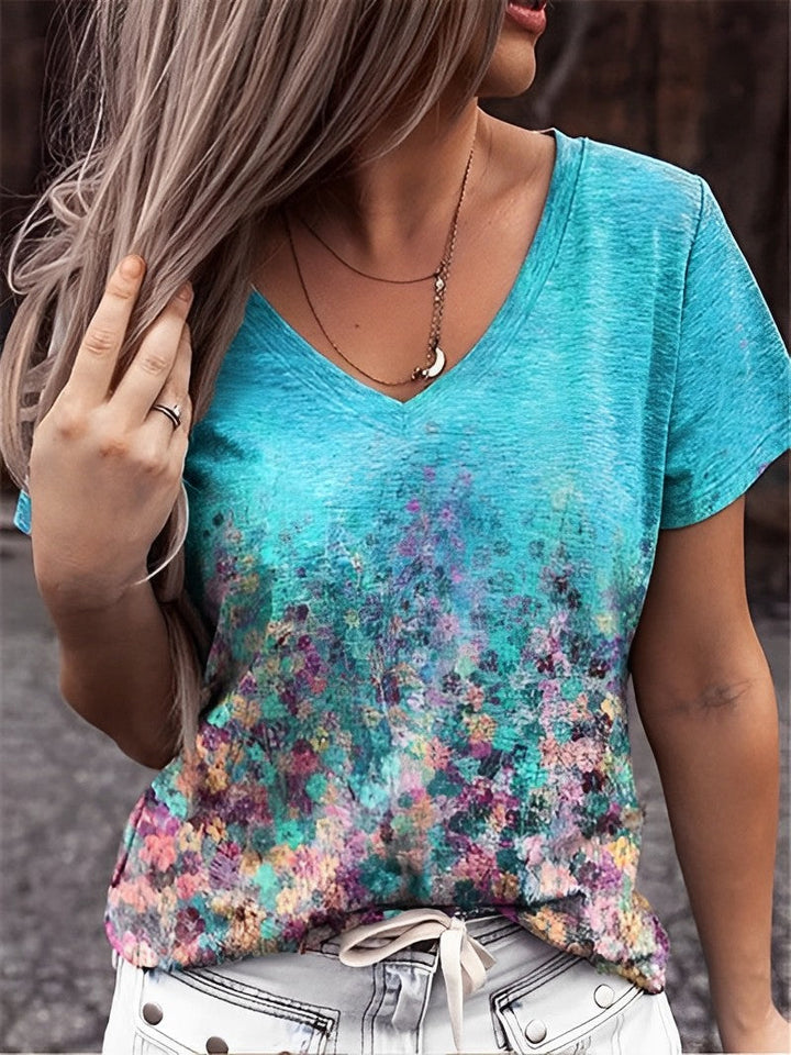 Aurora | V-Neck Floral Art T-Shirt