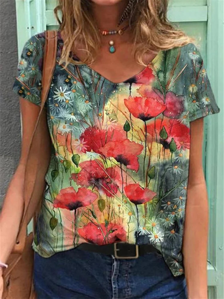 Emmeline | Floral Art Reproduction V-Neck T-Shirt