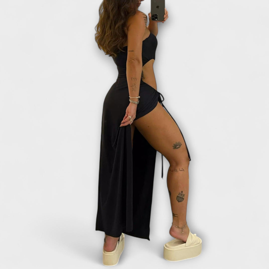 Winona - Bandeau Tie Bodysuit Dress with Side Slits