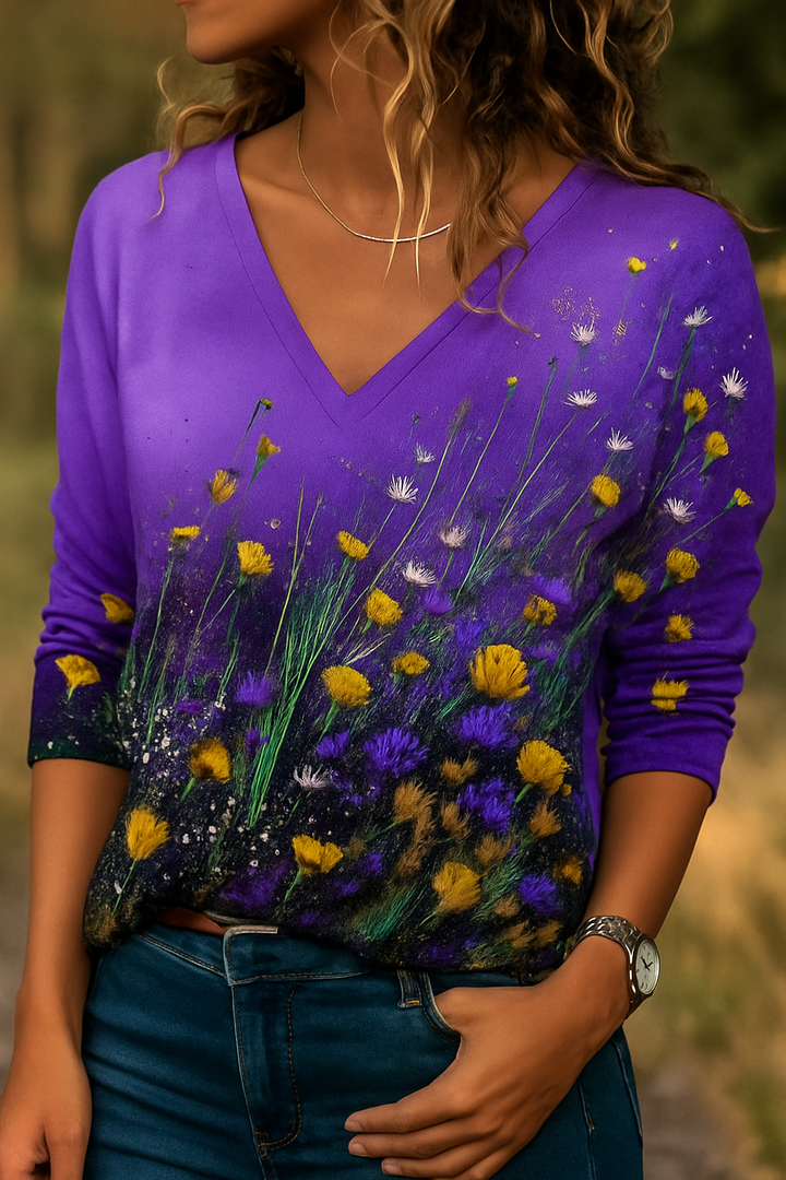 Amelia | Floral Painting T-Shirt with Collar Detail