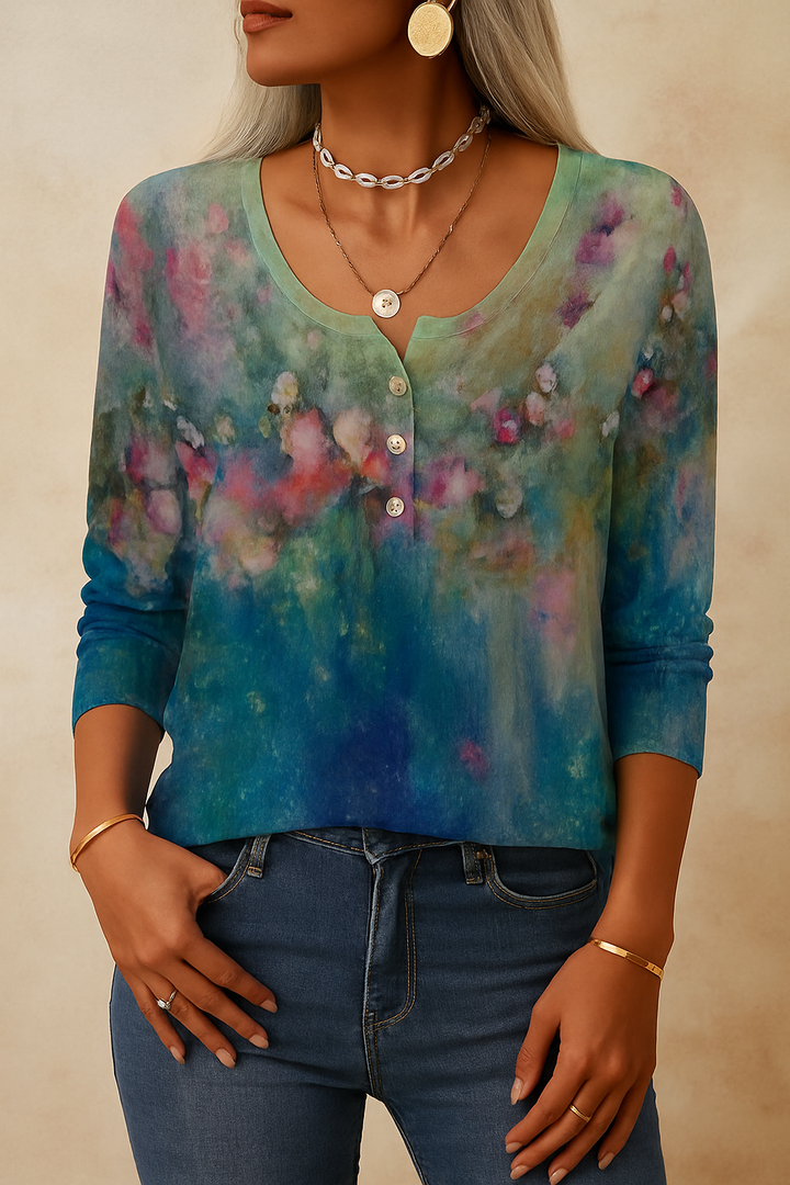 Sophia | Round Neck Floral Pattern Long-Sleeve Casual T-Shirt