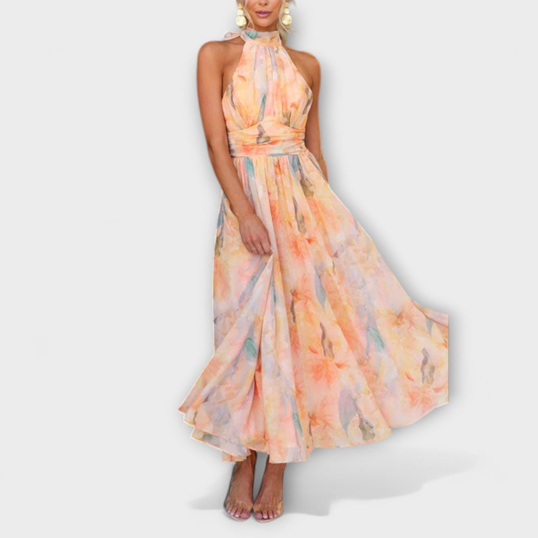 Halter-Neck Watercolor Print Maxi Dress
