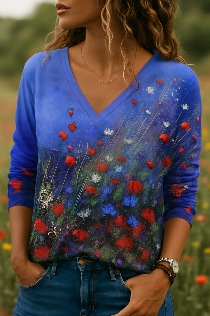 Amelia | Floral Painting T-Shirt with Collar Detail