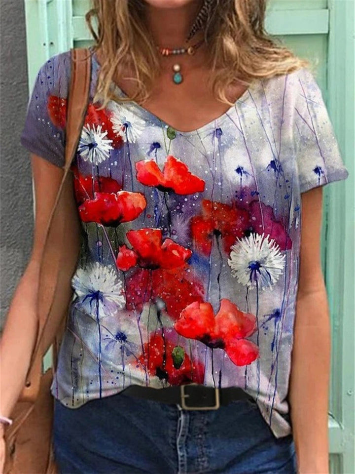 Emmeline | Floral Art Reproduction V-Neck T-Shirt