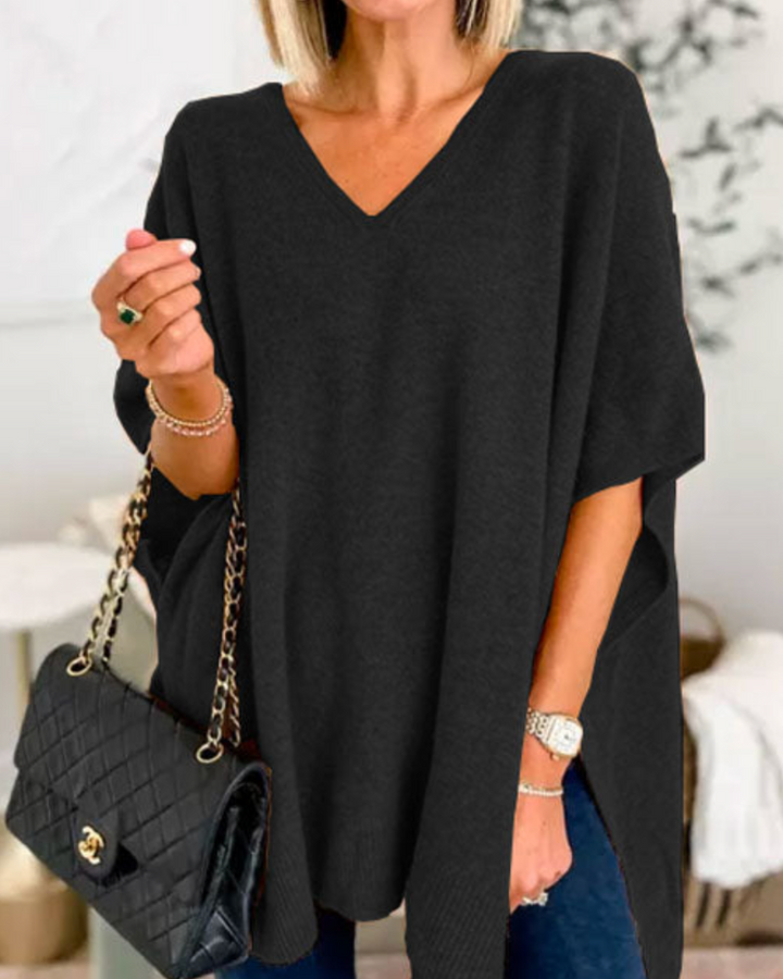 Erica - V Neck Loose Fit Solid Poncho Sweater