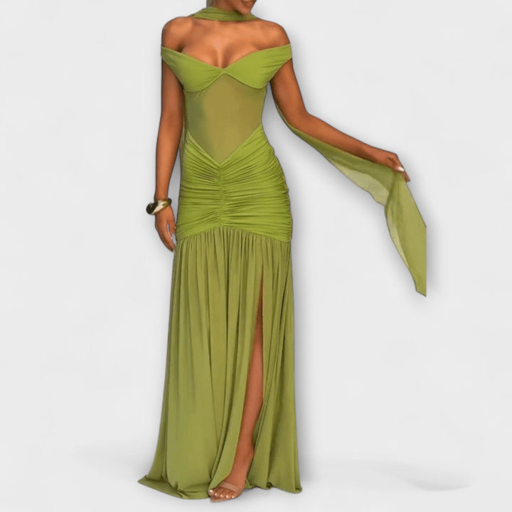 Nicole - Olive-Colored V-Neck Maxi Dress