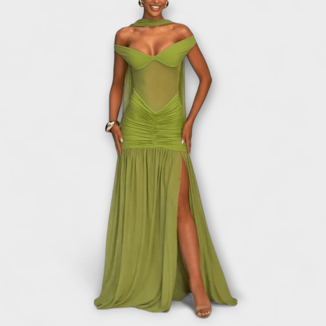 Nicole - Olive-Colored V-Neck Maxi Dress