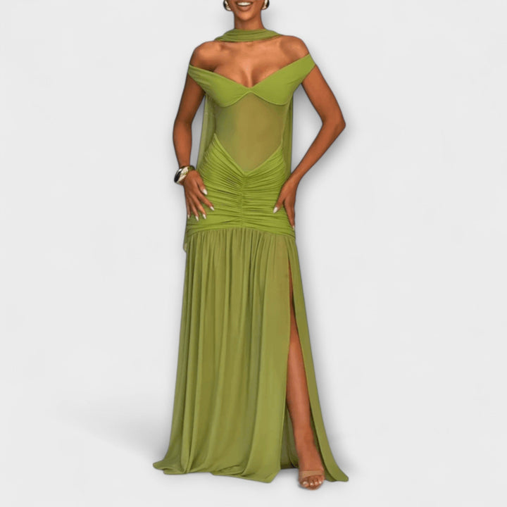 Nicole - Olive-Colored V-Neck Maxi Dress