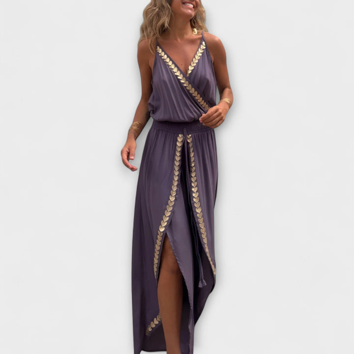 Angela - Donatila V-Neck Jumpsuit with Embroidery and Open Legs