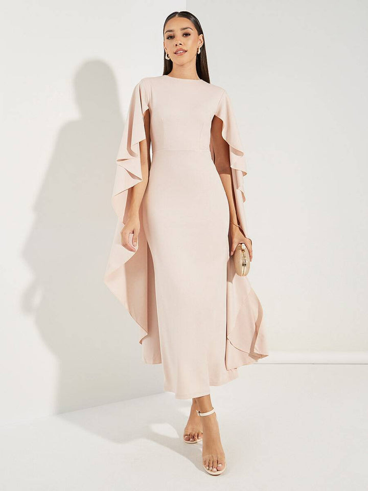 Rachel - Light Pink Midi Dress with V-Neckline and Chiffon Sleeves