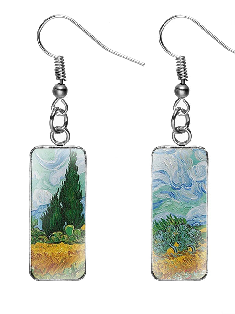 Madeline | Rectangular Earrings with Oil Painting Design