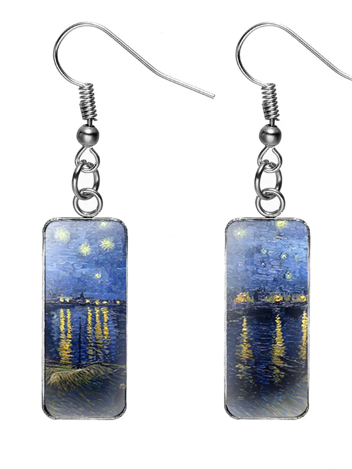 Madeline | Rectangular Earrings with Oil Painting Design