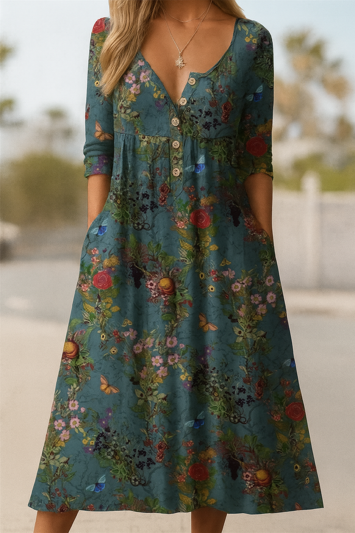 Natalie | Butterfly Floral Artistic Pleated Button Dress