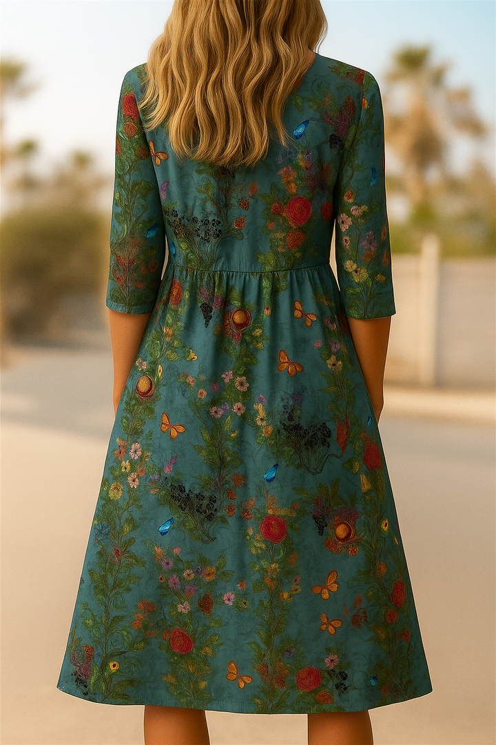 Natalie | Butterfly Floral Artistic Pleated Button Dress
