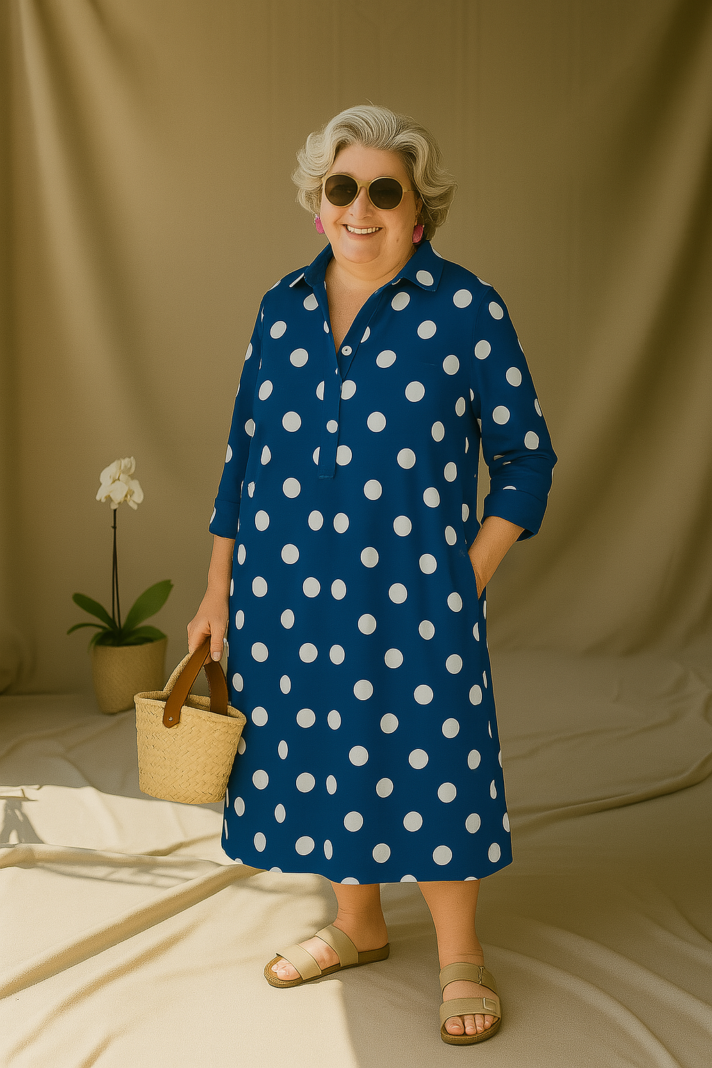 Emilia - Tummy-Friendly Blue Polka Dot Dress