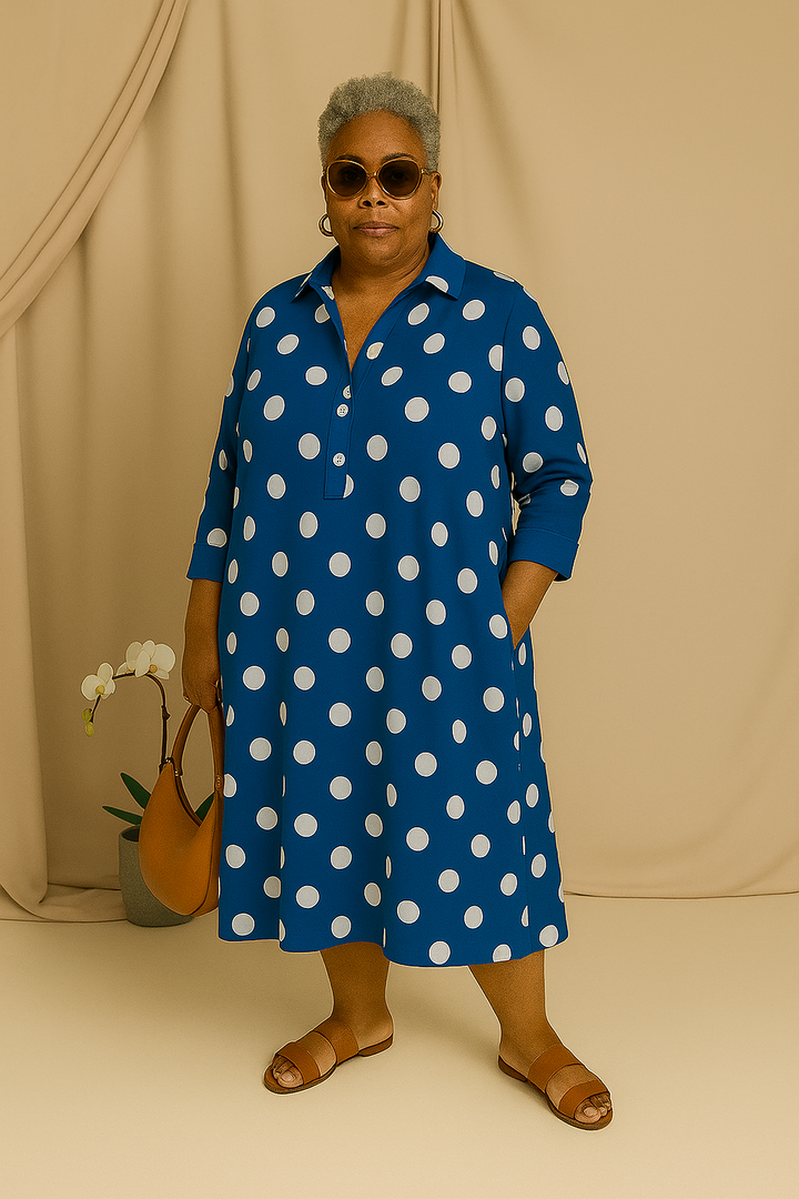 Emilia - Tummy-Friendly Blue Polka Dot Dress