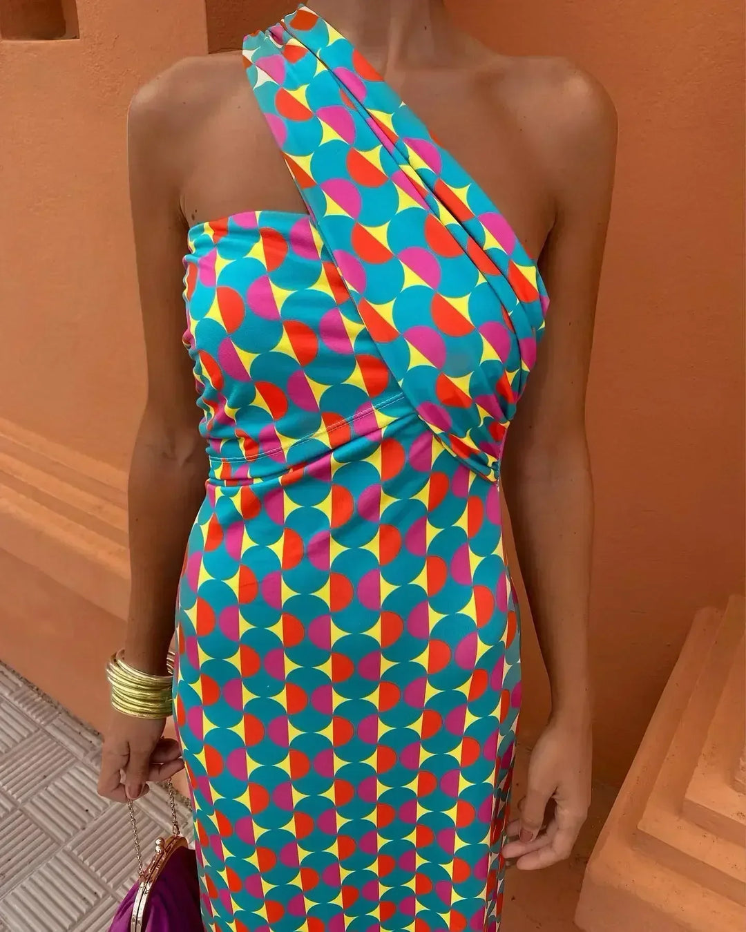 Irmgardi - Midi Dress with Asymmetric Shoulders