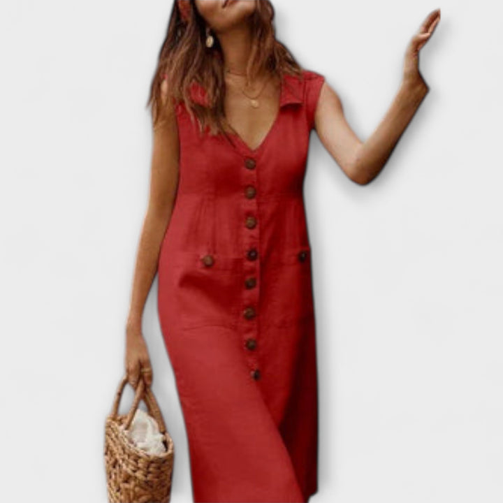 Nora – A-line Dress Made of Cotton-Linen with Turn-down Collar