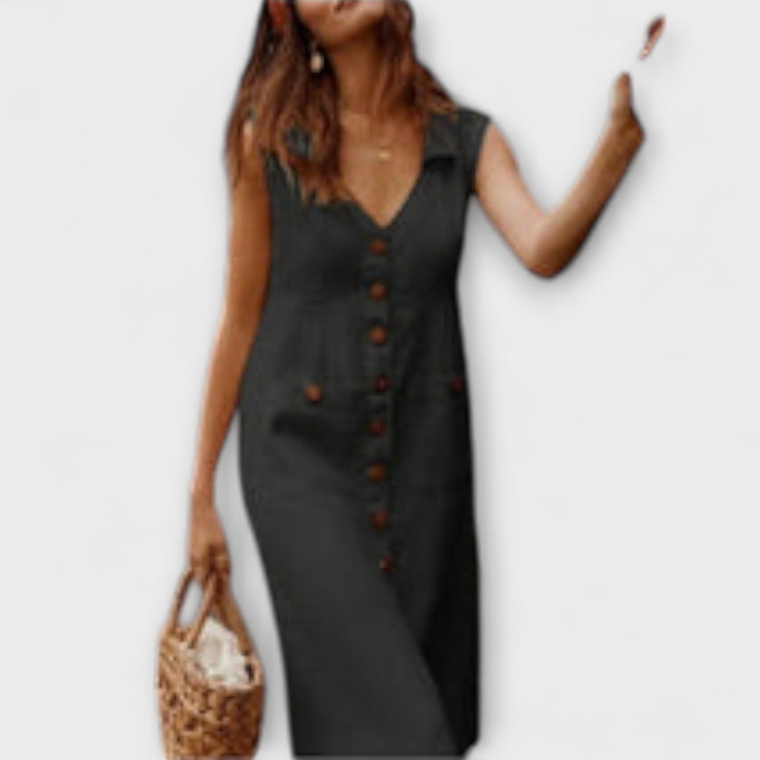 Nora – A-line Dress Made of Cotton-Linen with Turn-down Collar