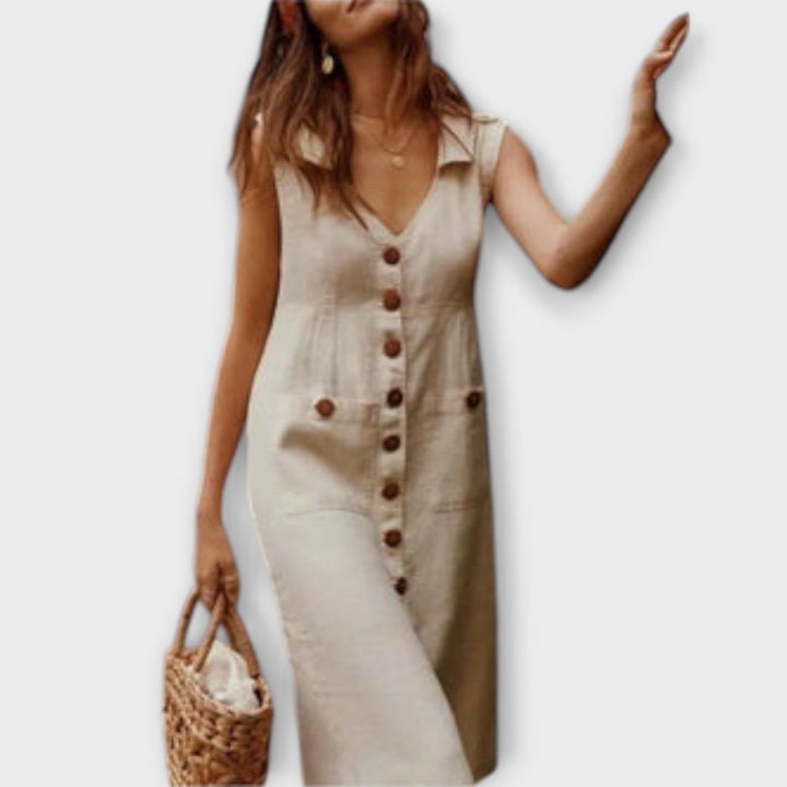Nora – A-line Dress Made of Cotton-Linen with Turn-down Collar